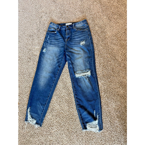 Risen Jeans Straight Leg Size 29 Deep Blue Distressed Frayed Hem - Picture 1 of 11